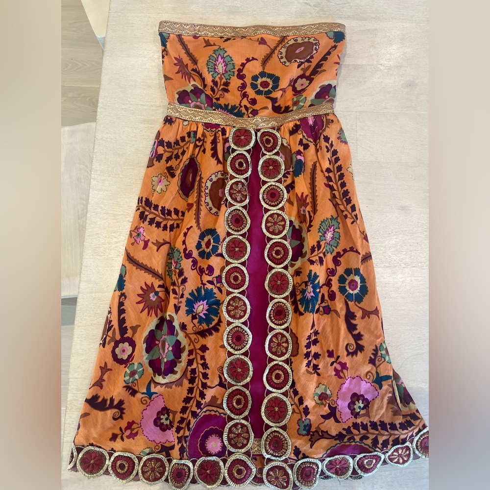Cynthia Steffe Orange Floral Embellished Party Dress with Magenta Trim